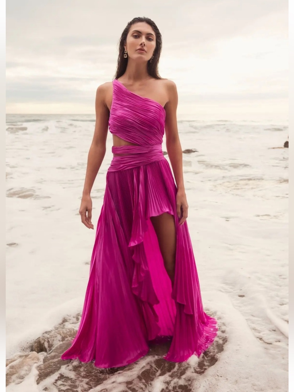 NWT MAC DUGGAL 49837 Fuchsia One Shoulder Pleated Gown with Slit SIZE 6 - Picture 2 of 10